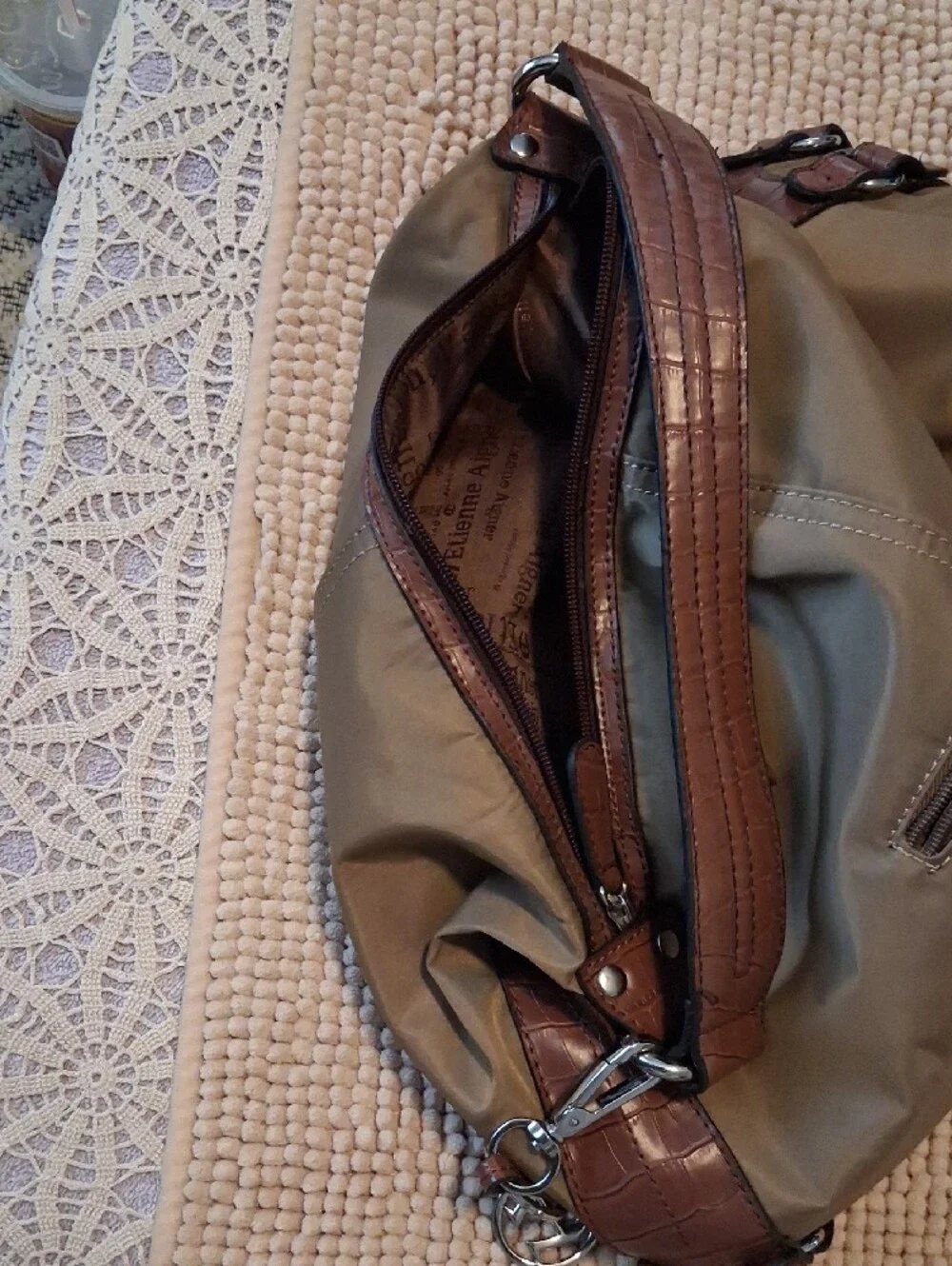 Etienne Aigner Olive/Tan Nylon Hobo with Brown Leather Trim